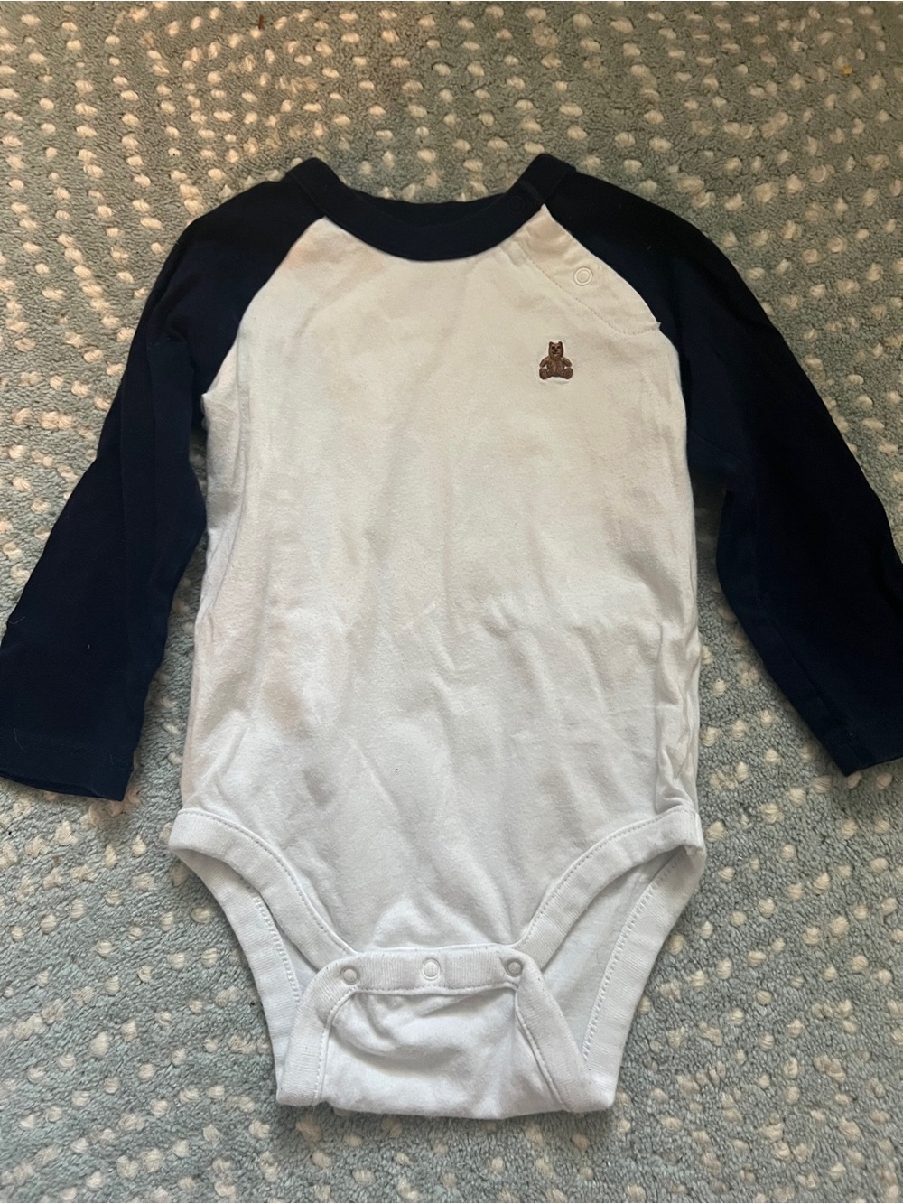Baby GAP 12-18 White Bodysuit with Navy Raglan Sleeves and Teddy Patch
